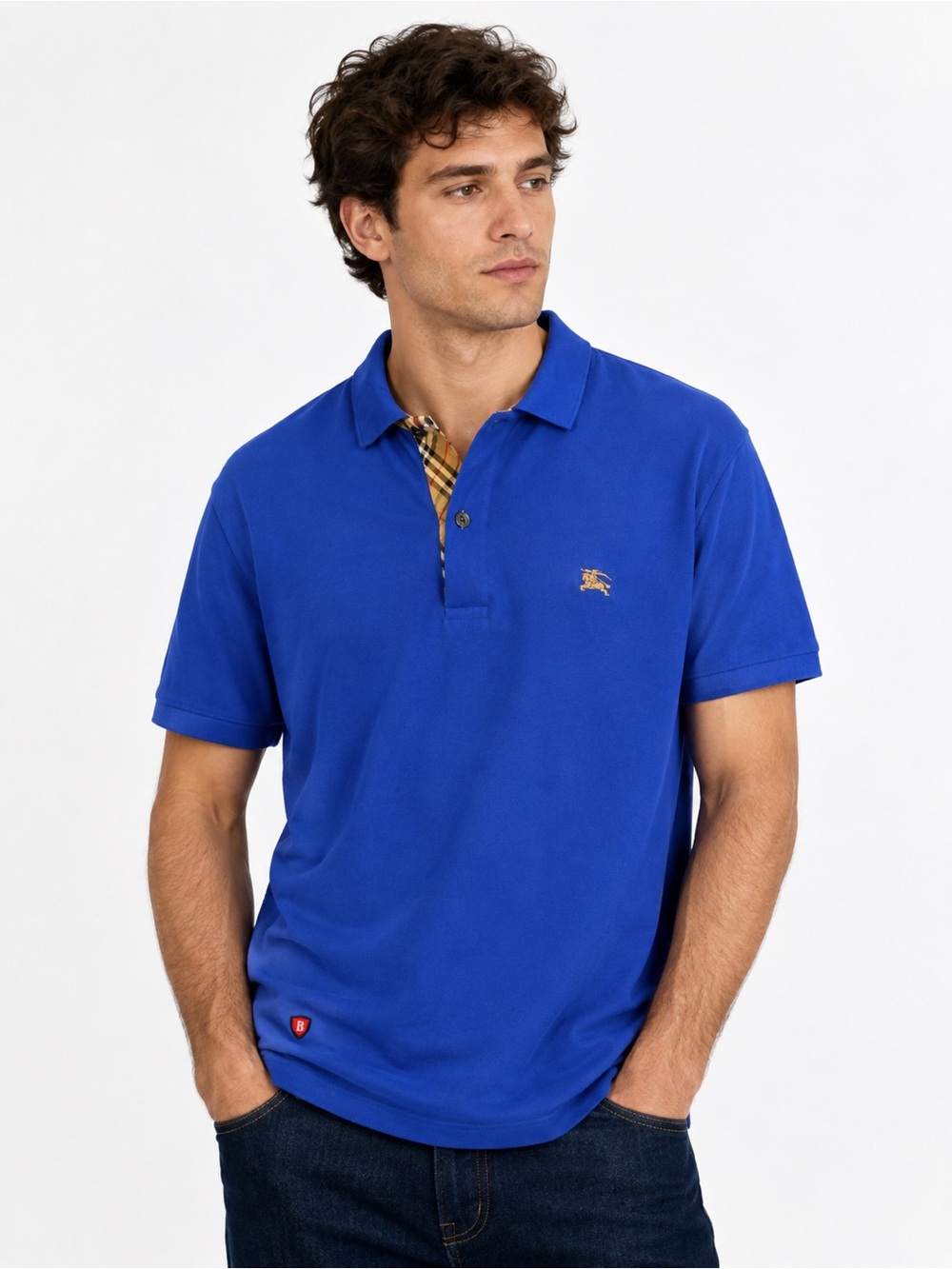 Burberry London Men’s M Blue Polo Shirt Nova Check Equestrian Knight Logo